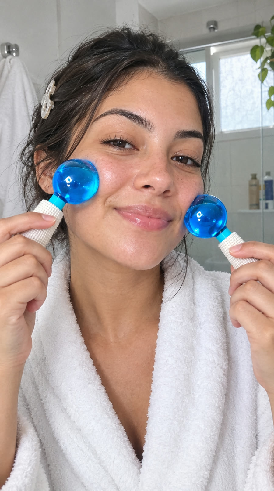 Mulher usando os ice globes no rosto
